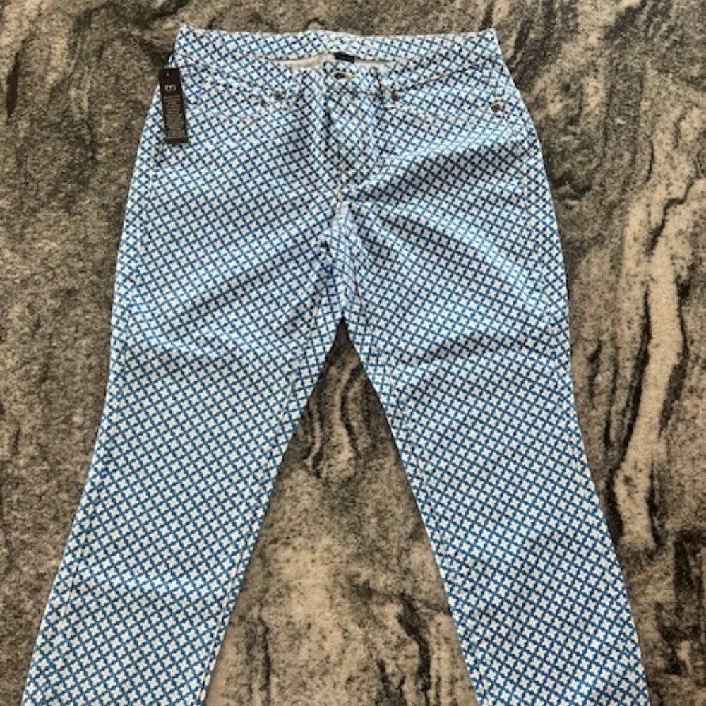 London Jean Straight Leg Pants Womens Size 6 Blue White Geometric Floral Stretch